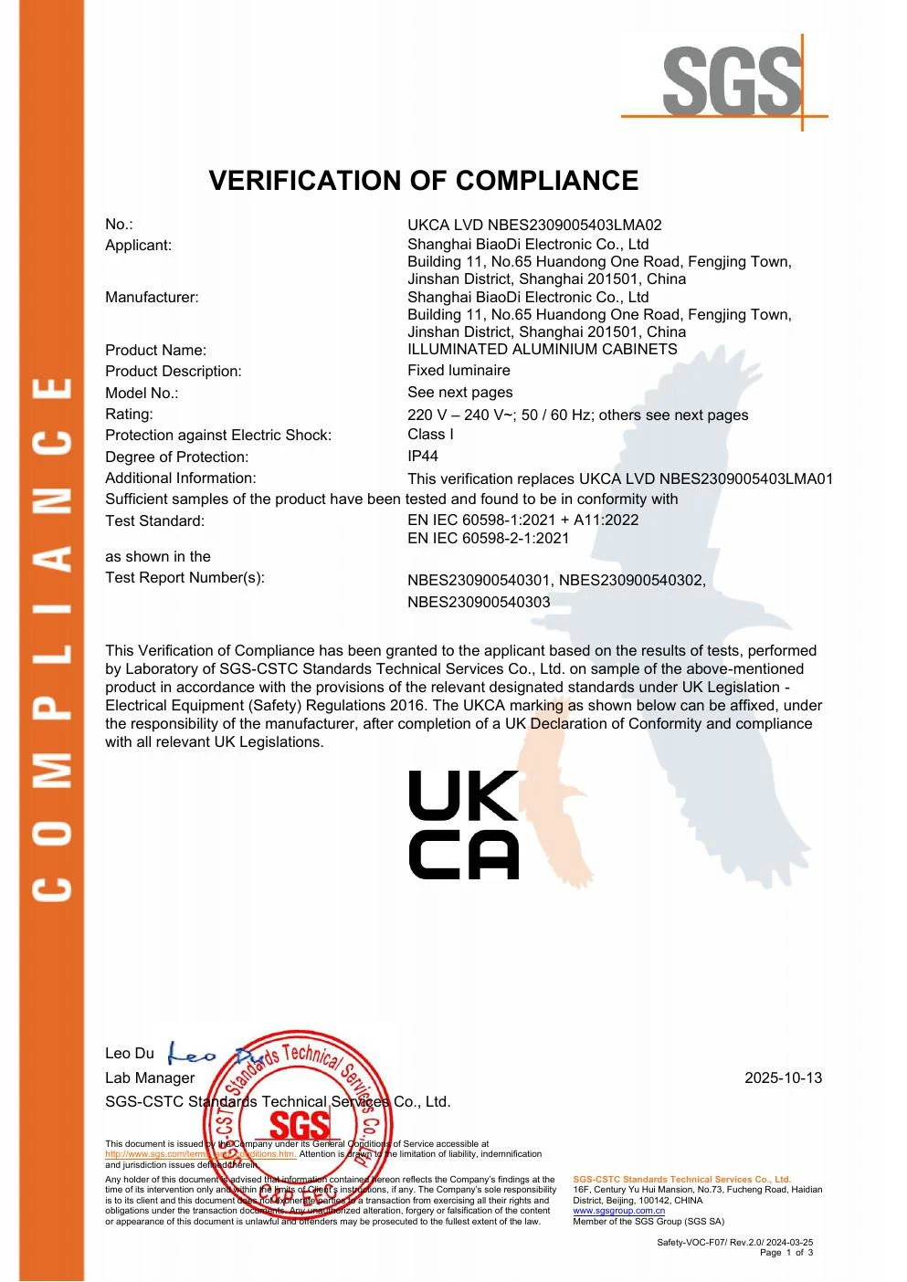UKCA LVD Verification document preview